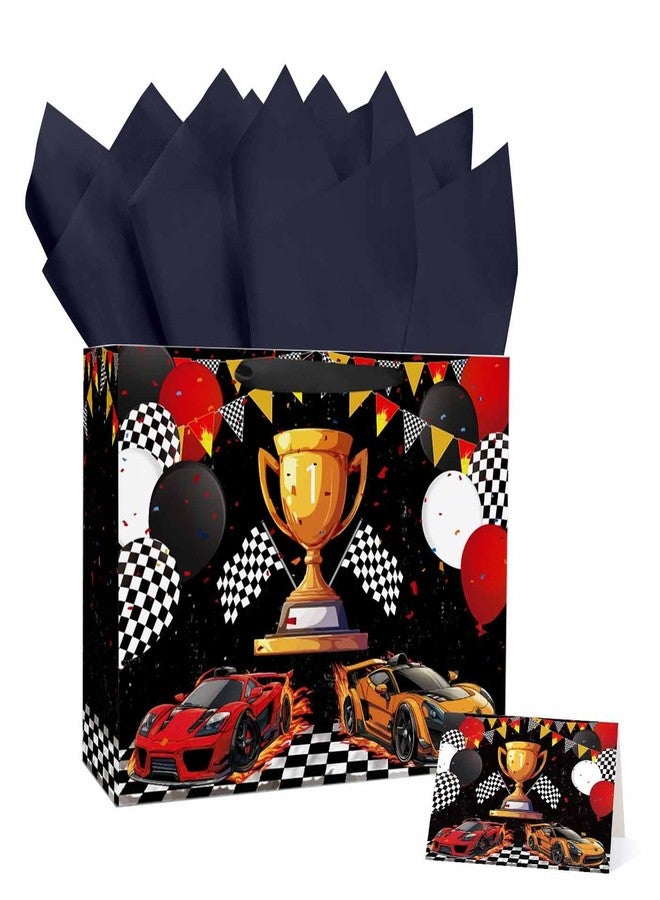 MUNILAIL 13 Inches Race Car Gift Bag with Tissue Paper Handle and Greeting Card Checkered Flag Gift Bag for Boys Birthday Baby Shower Racing Car Party Supplies Large Paper Gift Bag - Image 1